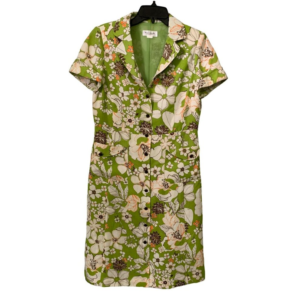 Vtg Retro Yun Mode Collection Green Floral Button-Down Short Sleeve Dress
